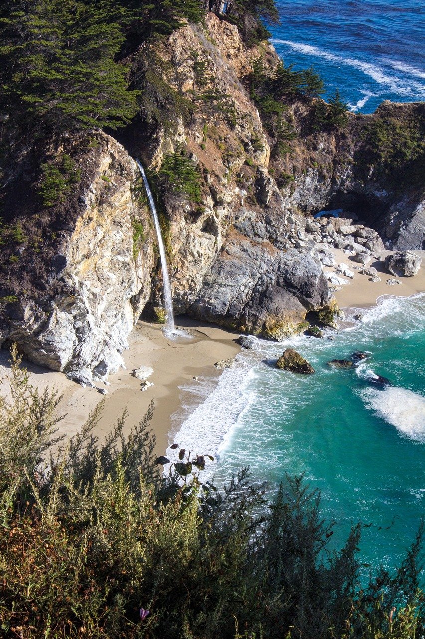 beach, nature, waterfall, coastal, california, west coast, sea, natural, island